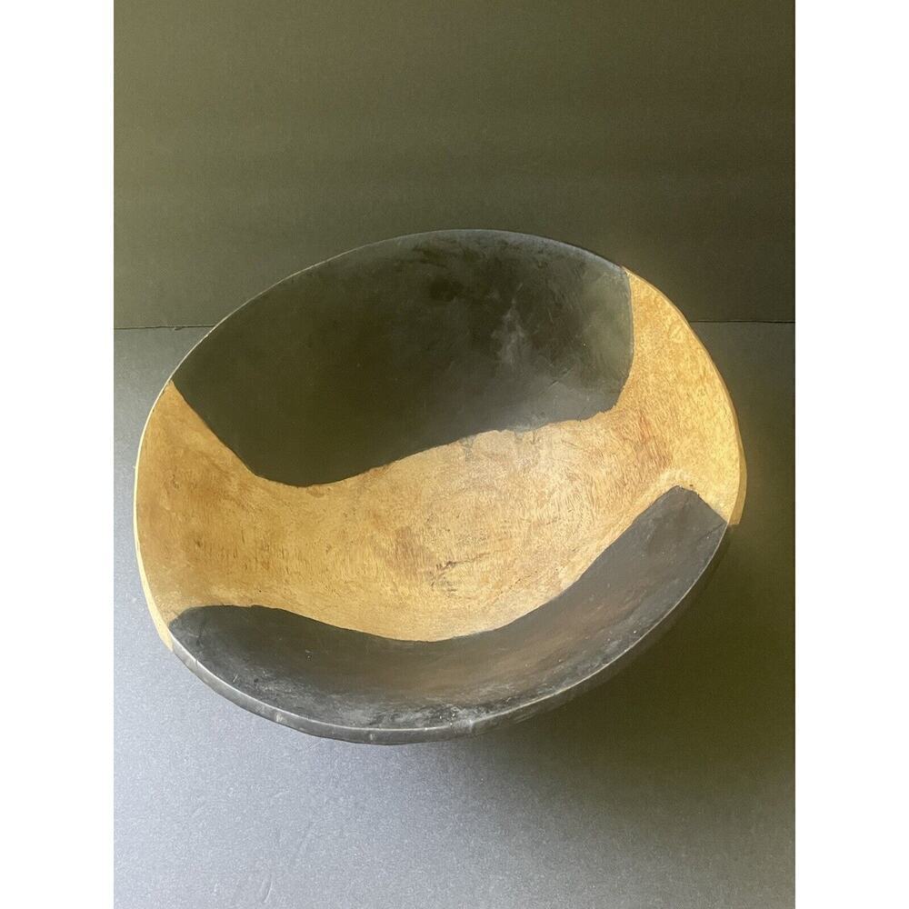 Vintage Hand Carved Tribal MCM Round Serving Hand Crafted Brown Tan Wooden Bowl